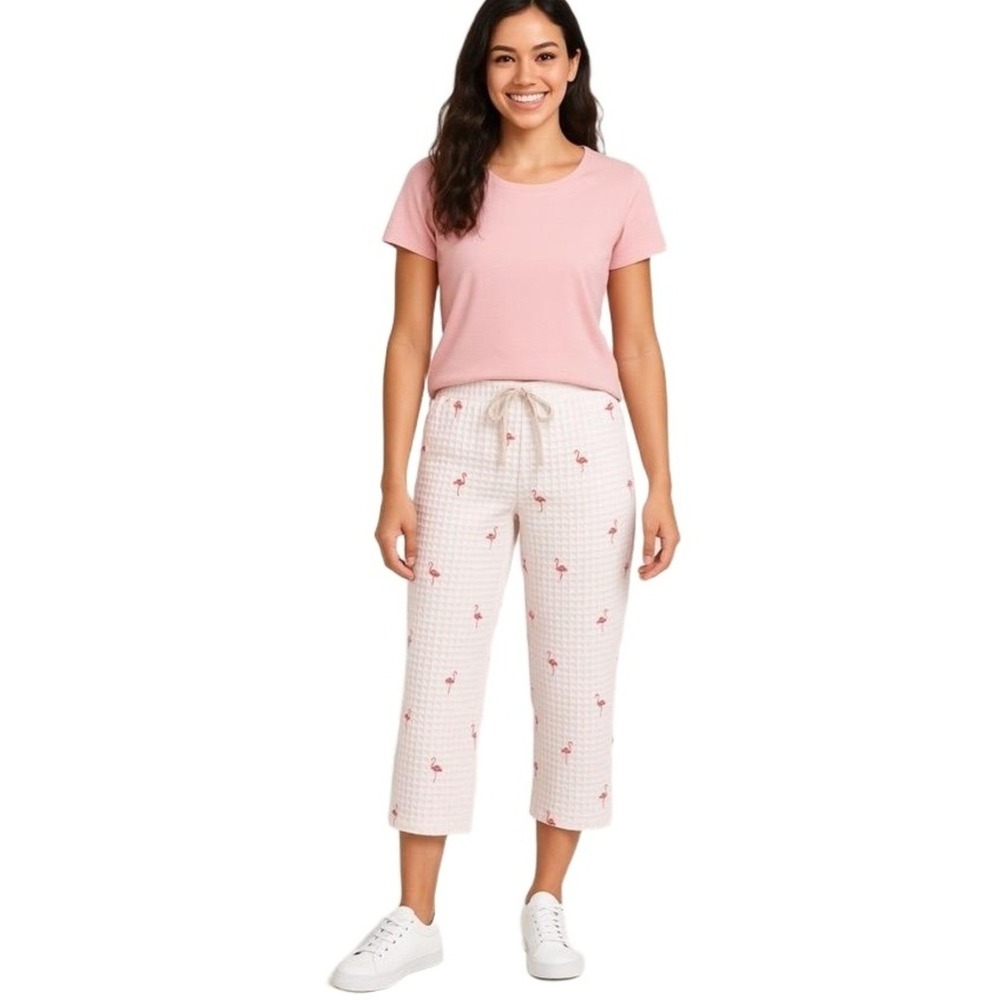 Gap Body Pants Womens Small Petite Pink Flamingo Print Elastic Waist Drawstring